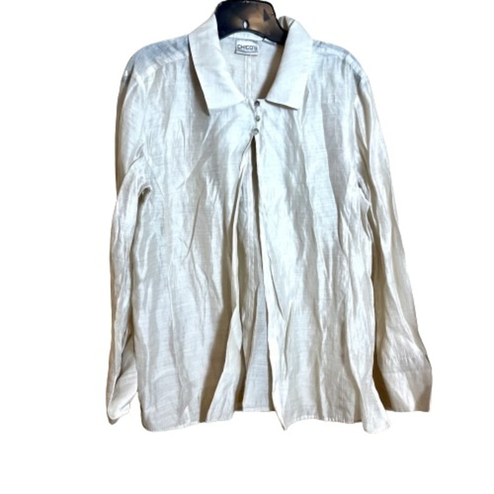 Chico's Button Up Long Sleeve Blouse Shirt Womens L Gray Collared‎ Open Cupro